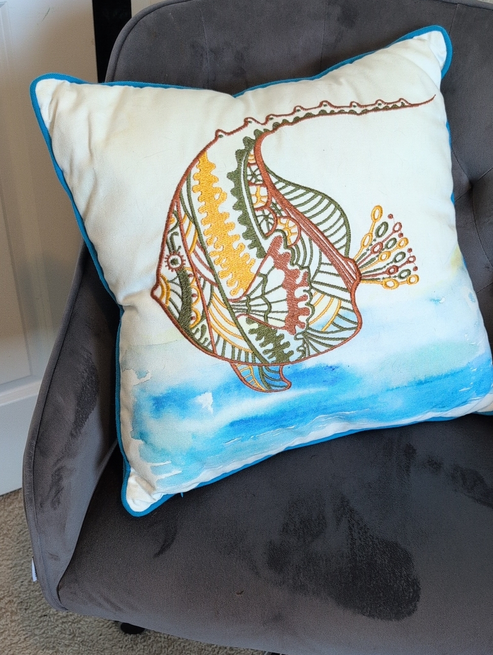 Embroidered Stingray Throw Pillow in Teal Blue